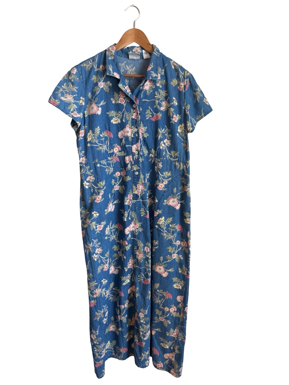 Vintage Liz Claiborne Floral Denim Maxi Shirt Dress Cottagecore Size 14 - Picture 3 of 8